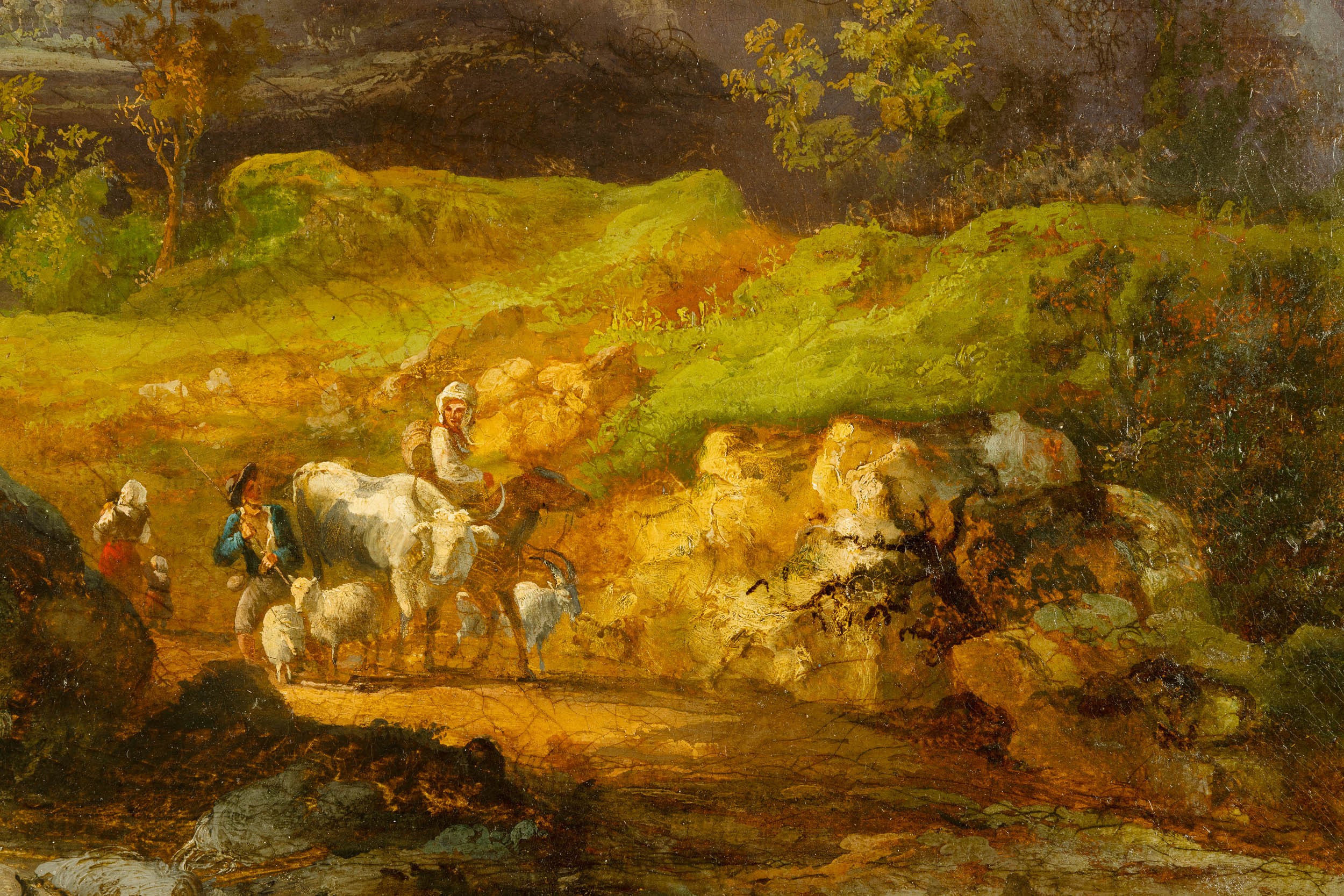 Scuola piemontese (? XIX secolo), Paesaggio collinare con pastori, olio su tela