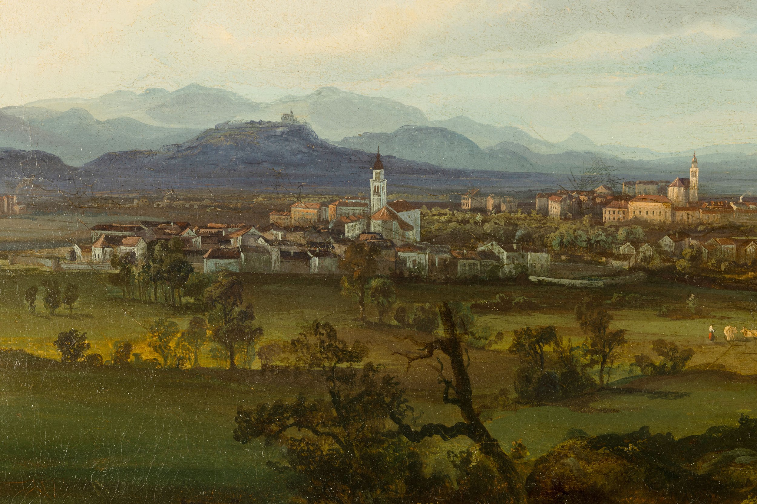 Scuola piemontese (? XIX secolo), Paesaggio collinare con pastori, olio su tela