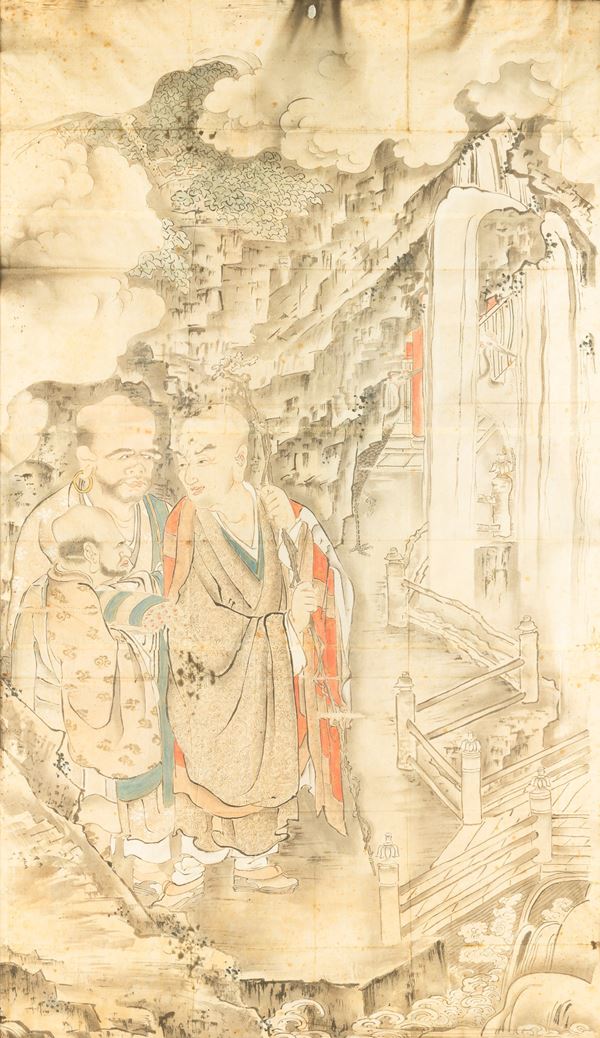 Pannello dipinto raffigurante scena di saggi, Cina, Dinastia Qing, XIX secolo