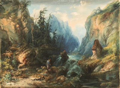 Paesaggio con fiume e montagne