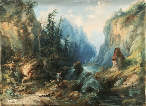 Paesaggio con fiume e montagne