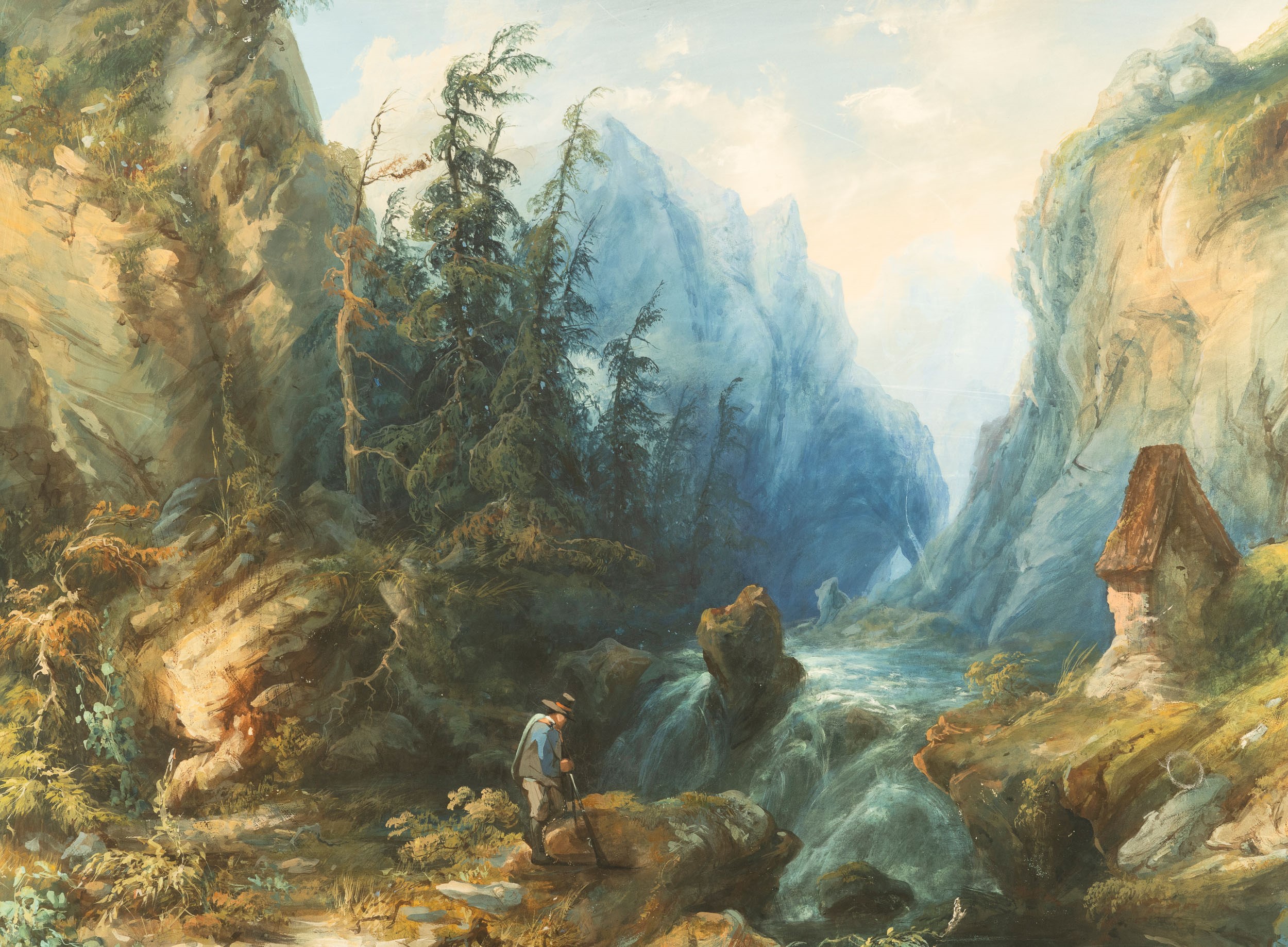 Enrico Robecchi - Paesaggio con fiume e montagne