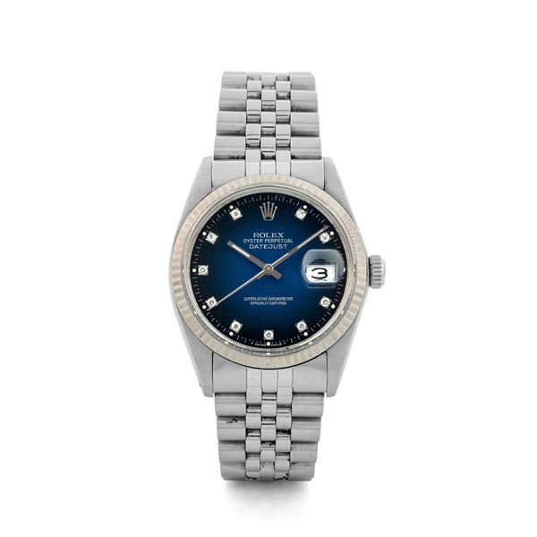 Rolex - Datejust ref 16014 in steel, white gold bezel, blue ‘Vignette’ dial with diamonds, circa 1987