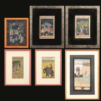 Lotto di Sei Miniature Indiane Raffigurante Scene Mitologiche Indiane, India, XIX Secolo