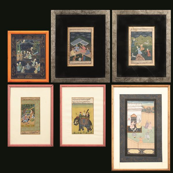 Lot composed of six Indian miniatures depicting Indian mythological scenes, India, 19th century