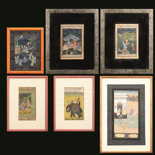 Lot composed of six Indian miniatures depicting Indian mythological scenes, India, 19th century
