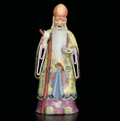Figura in Porcellana Famiglia Rosa Raffigurante Saggio, Cina, Dinastia Qing, XIX Secolo