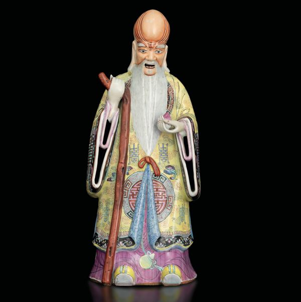 Figura in porcellana Famiglia Rosa raffigurante saggio, Cina, Dinastia Qing, XIX secolo