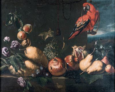 Frutta, Fiori e Pappagallo su Ripiano in Pietra