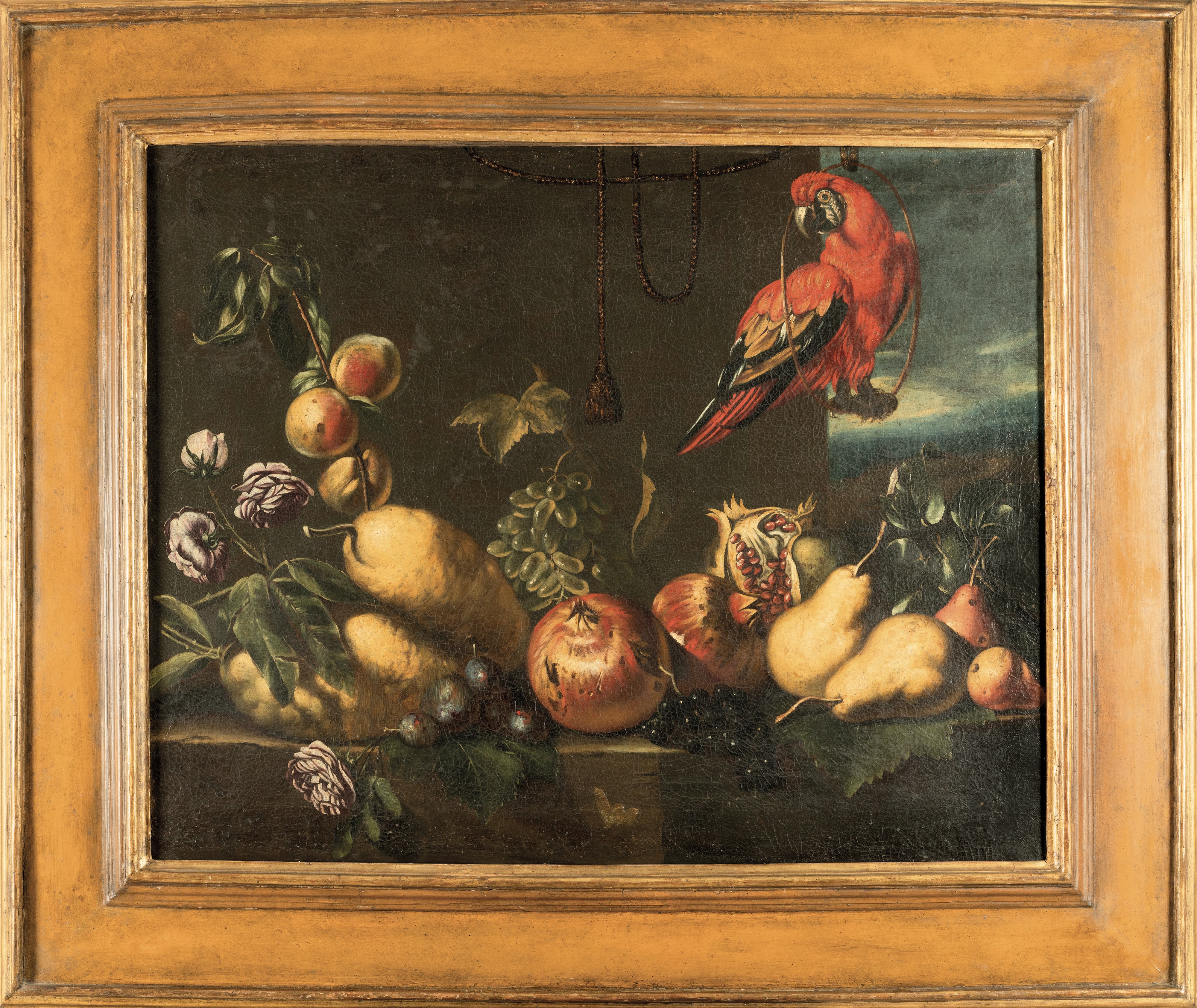 Reynaud Levieux - Frutta, Fiori e Pappagallo su Ripiano in Pietra