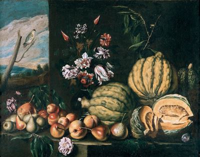 Frutta, Zucche e Fiori su Ripiano in Pietra