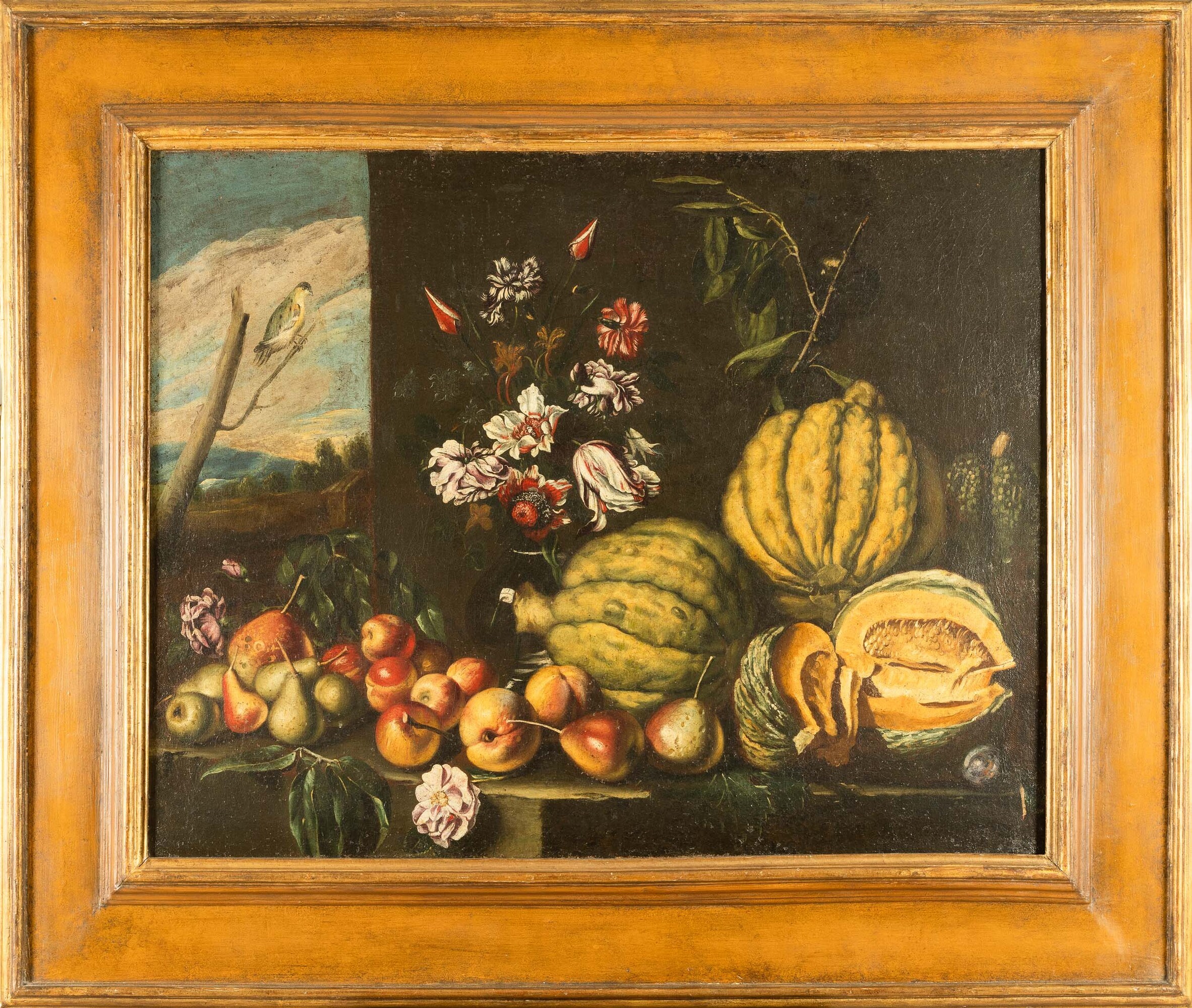 Reynaud Levieux - Frutta, Zucche e Fiori su Ripiano in Pietra