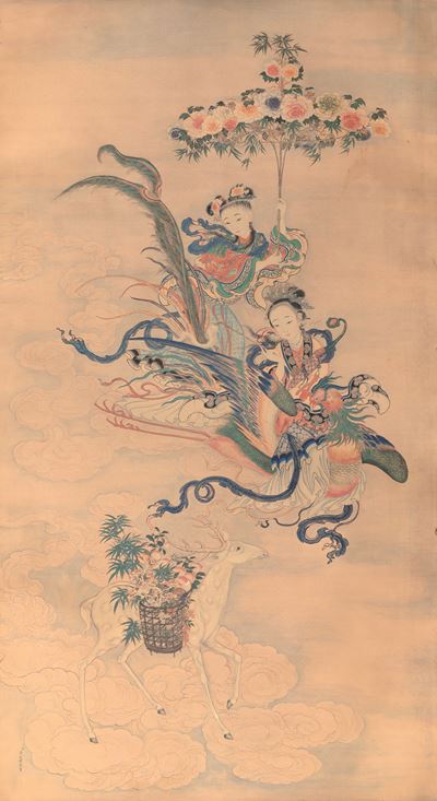 Scroll Stampato Raffigurante Coppia di Fanciulle e Cervo, Riproduzione degli "immortali di Xu Lia...