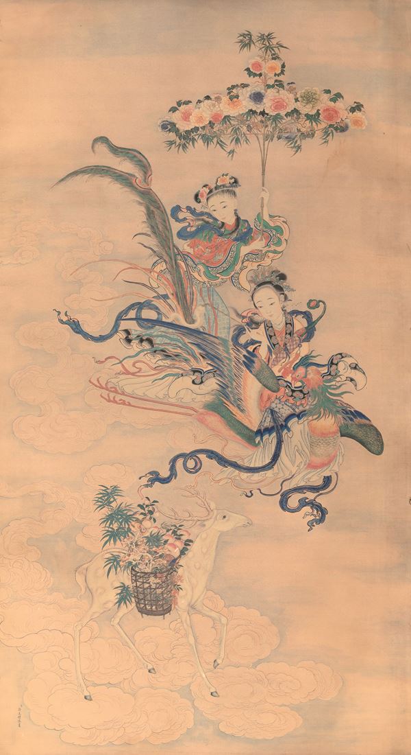 Printed scroll depicting pair of maidens and deer, reproduction of the “Immortals of Xu Liangbiao,” signed “Chen Xu Liangbiao Gong Hua” (Respectfully painted by Xu Lingbao, servant of the kingdom), China, Qing Dynasty, 19th century