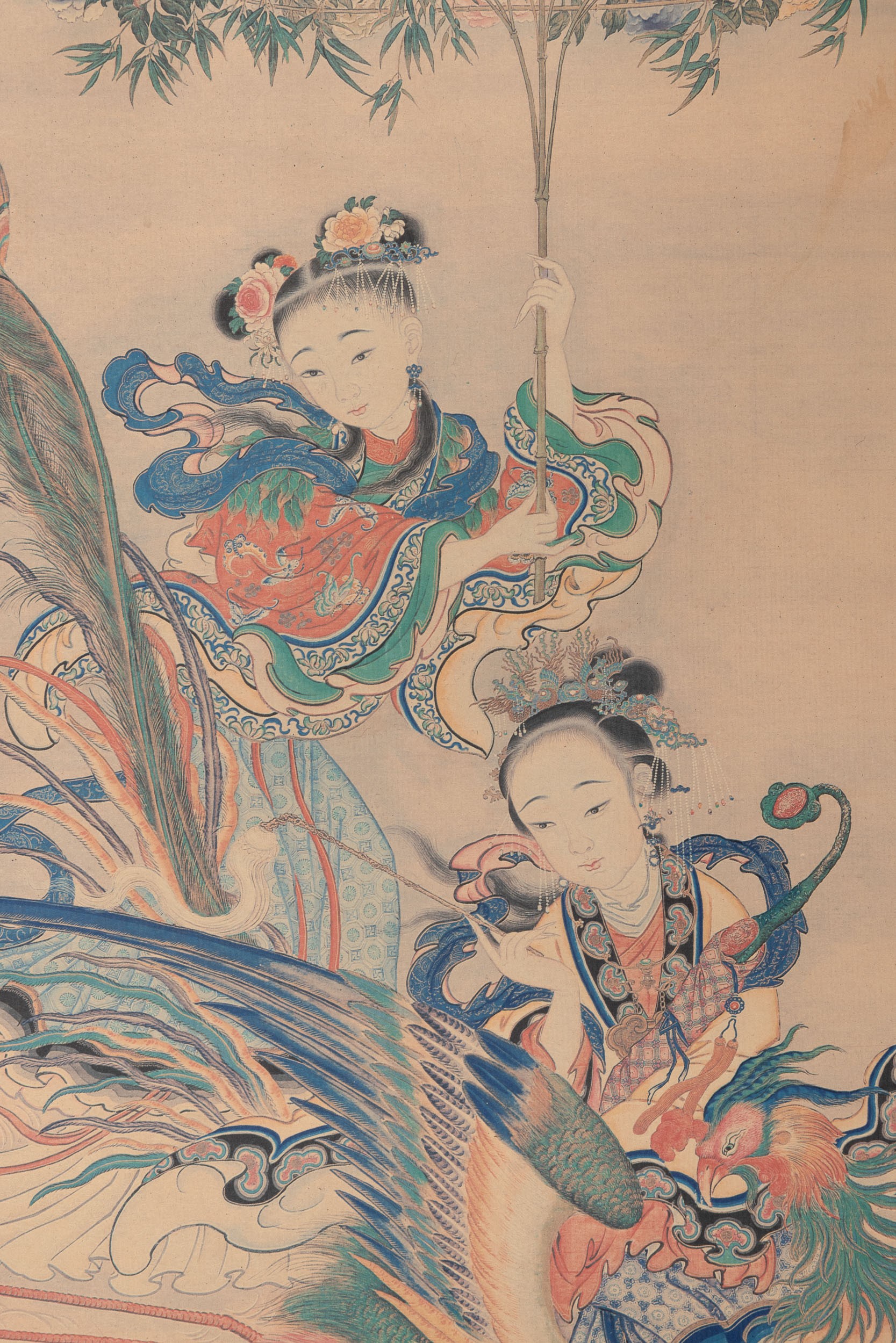 Scroll Stampato Raffigurante Coppia di Fanciulle e Cervo, Riproduzione degli "immortali di Xu Lia...