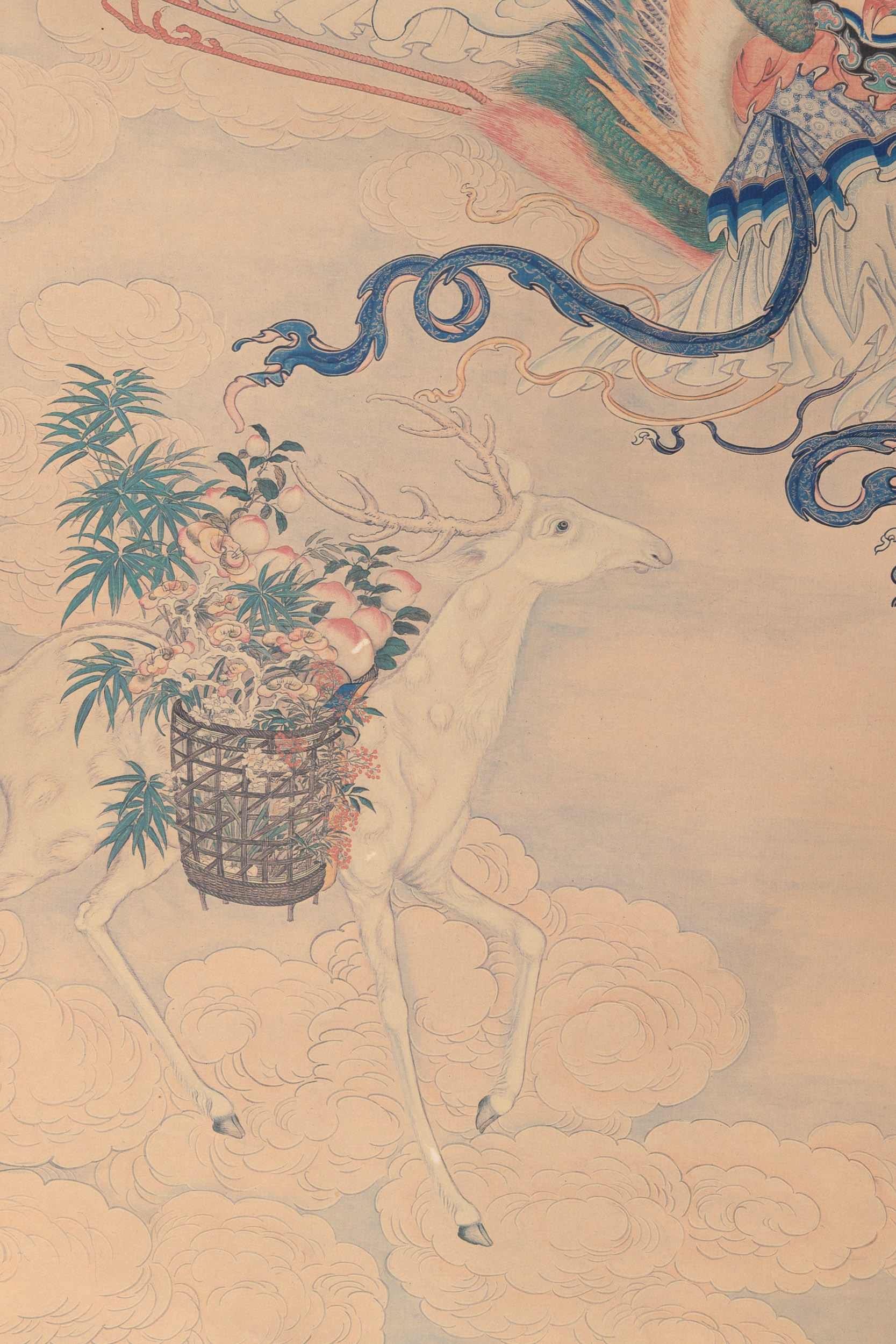 Scroll Stampato Raffigurante Coppia di Fanciulle e Cervo, Riproduzione degli "immortali di Xu Lia...
