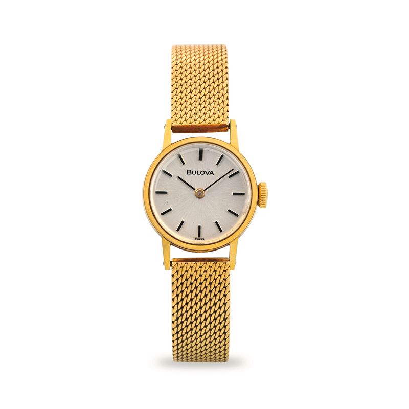 Bulova : Solo tempo in oro 18k da donna, con quadrante argenté con indici applicati, circa 1960  - Asta Orologi da Polso - Cambi Casa d'Aste