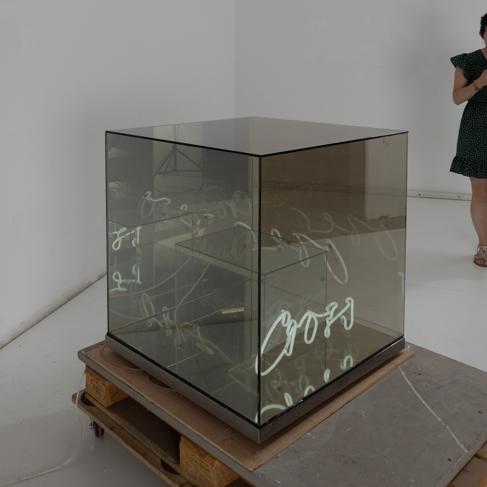 Brigitte Kowanz - Cross over - cubo di specchi e neon