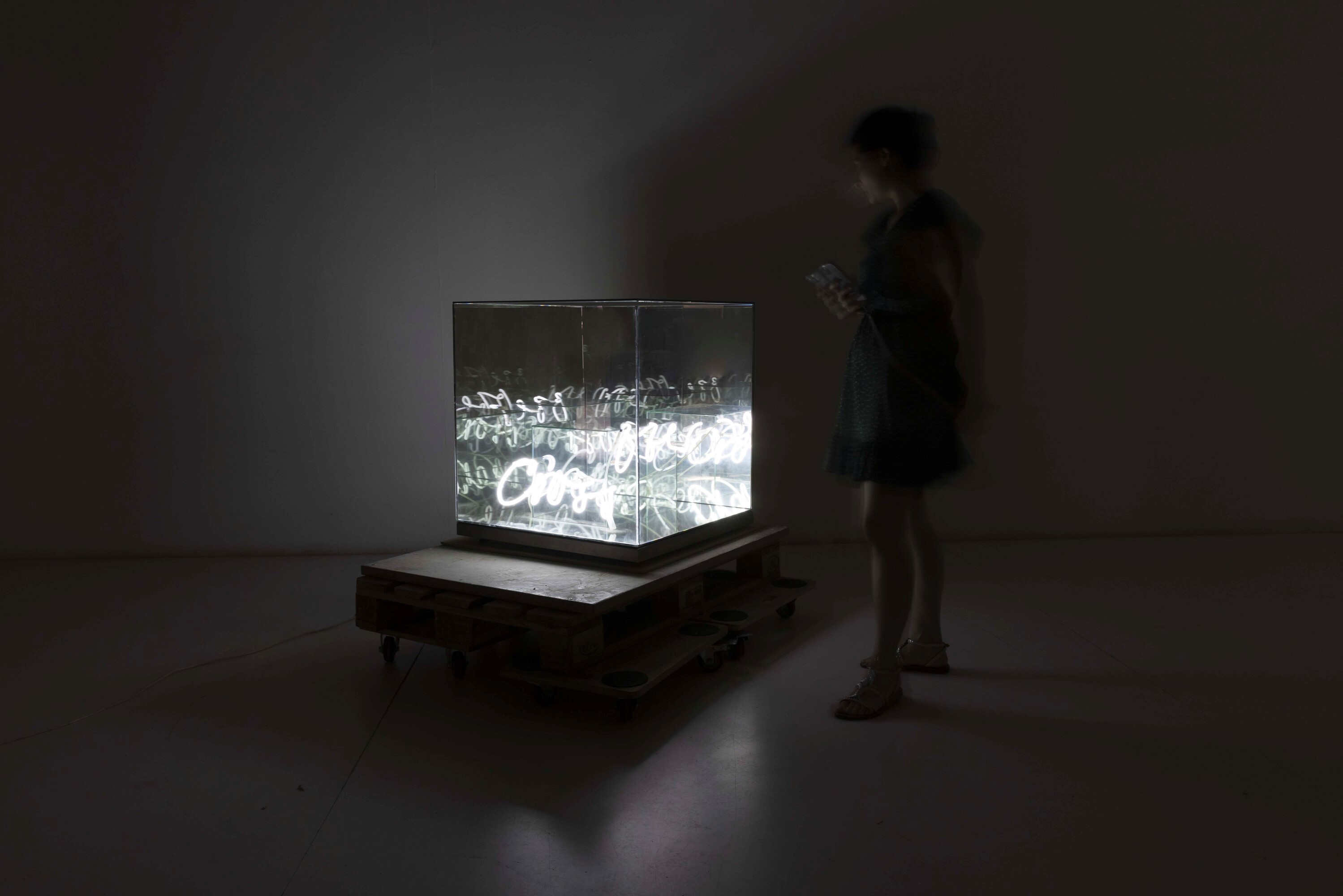 Brigitte Kowanz - Cross over - cubo di specchi e neon
