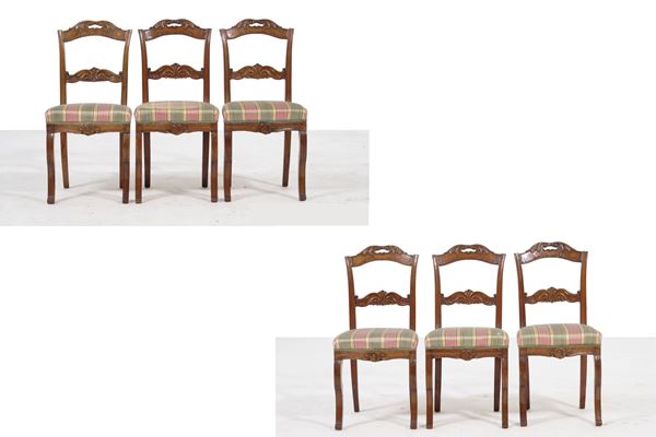 Sei sedie in legno intagliato, XIX secolo
