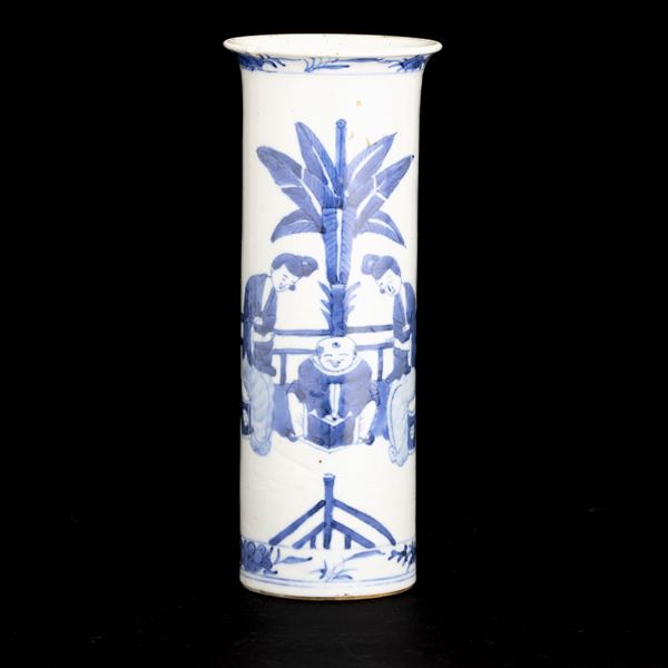 Vaso cilindrico in porcellana bianca e blu raffigurante scena di vita comune, Cina, Dinastia Qing, XIX secolo