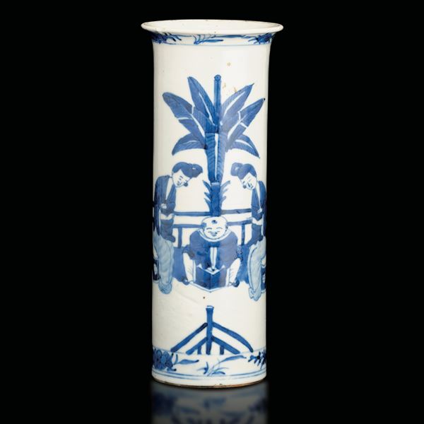 Vaso cilindrico in porcellana bianca e blu raffigurante scena di vita comune, Cina, Dinastia Qing, XIX secolo