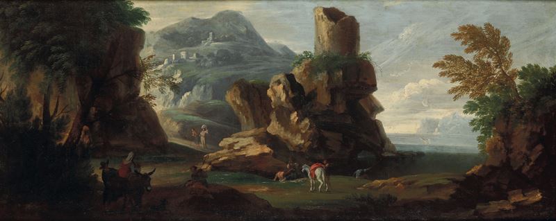 Jacob de Heusch : Paesaggio montuoso con viandanti, pastori e torrione  - olio su tela - Asta Dipinti Antichi - I - Cambi Casa d'Aste