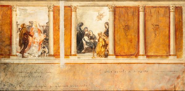 Scuola del XX secolo Bozzetto per decoro parietale con scene religiose