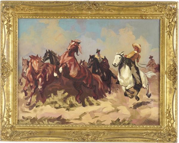 Anonimo del XIX secolo Cavalieri e cavalli nella tampas