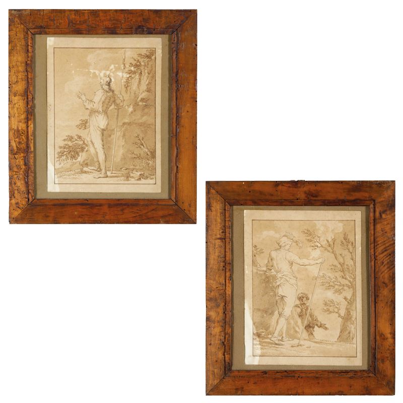 Salvator Rosa : Armigeri  - penna, inchiostro e acquerello bruno su carta - Asta Dipinti Antichi - Cambi Casa d'Aste