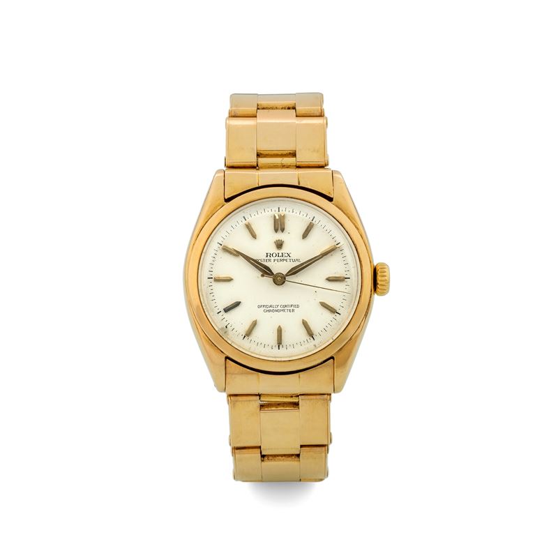 Rolex : Ovettone ref 6084 in 18k yellow gold, riveted Oyster bracelet, circa 1951  - Auction Watches - Cambi Casa d'Aste