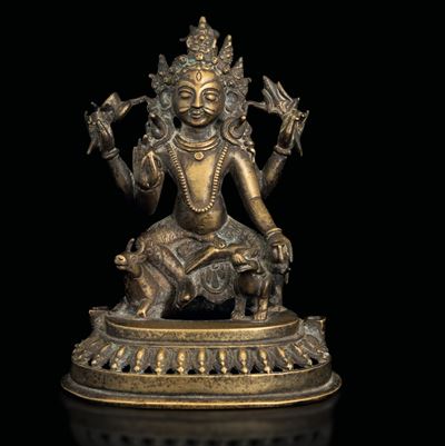 Figura di Bhairava su Fiore di Loto in Bronzo, Cina, Dinastia Qing, Epoca Qianlong (1736-1796)