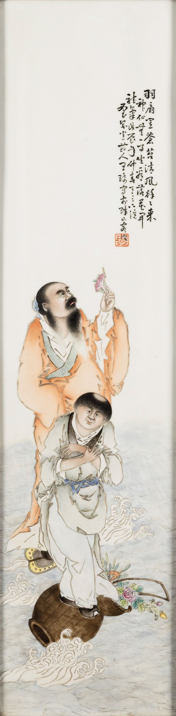 Coppia di placche in porcellana con personaggi dello stile di Wang Qi e inscrizioni che indicano la primavera del 1928, dipinti da Wang Qi a Zhu Shan, Cina, XX secolo