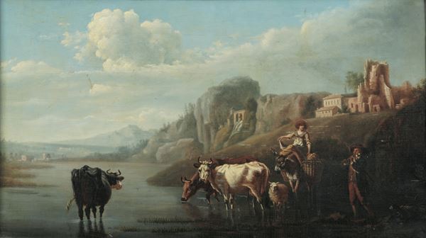 Scuola del XVIII secolo Paesaggio fluviale con pastori e bestiame