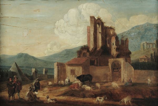 Scuola fiamminga del XVIII secolo Paesaggio con rovine architettoniche, pastori e bestiame
