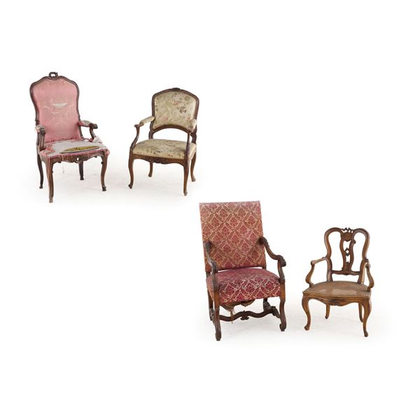 Lotto composto da quattro poltrone diverse. XVIII-XIX secolo