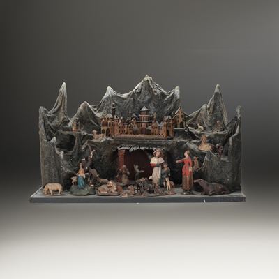 Scultura del XIX secolo, Scoglio con scena del presepe, Legno e terracotta dipinta