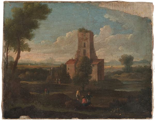 Scuola del XVIII secolo Paesaggio con contadini