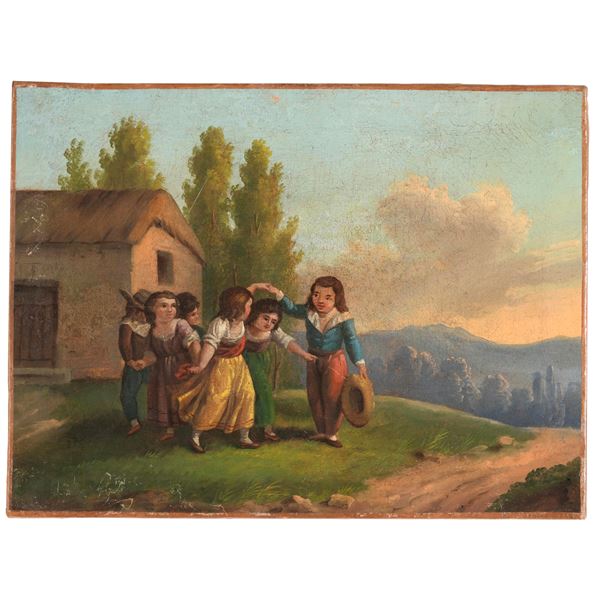 Scuola del XIX secolo Paesaggio con bambini in gioco