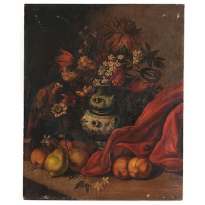 Scuola del XIX secolo, Natura morta con vaso di fiori, frutta e pappagallino, olio su tela