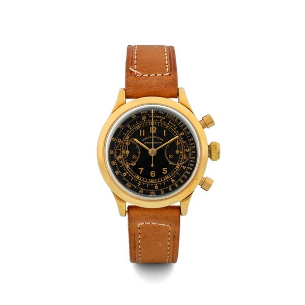 Rolex - Oyster ‘Barilotto' chronograph ref 3525 in 18k yellow gold, black dial gold graphics, circa 1942