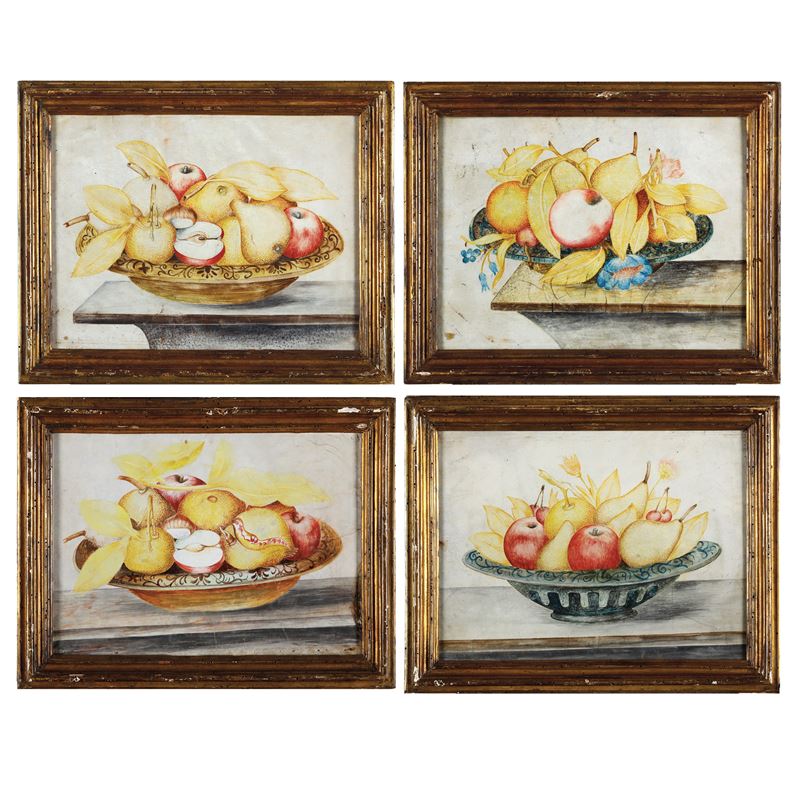 Octavianus Monfort (attivo in Piemonte nel XVII secolo) : Nature morte con cesti di fiori e frutti  - tempera su pergamena - Asta Dipinti Antichi - Cambi Casa d'Aste