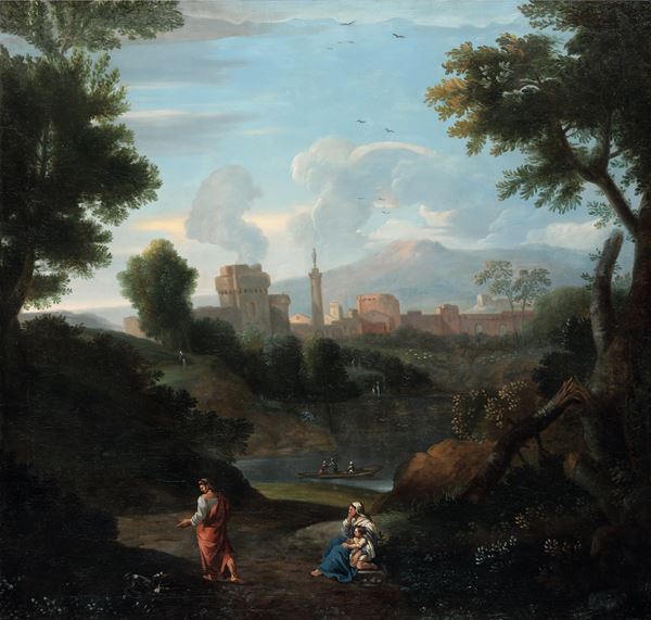 Scuola del XVIII secolo Paesaggio romano con figure
