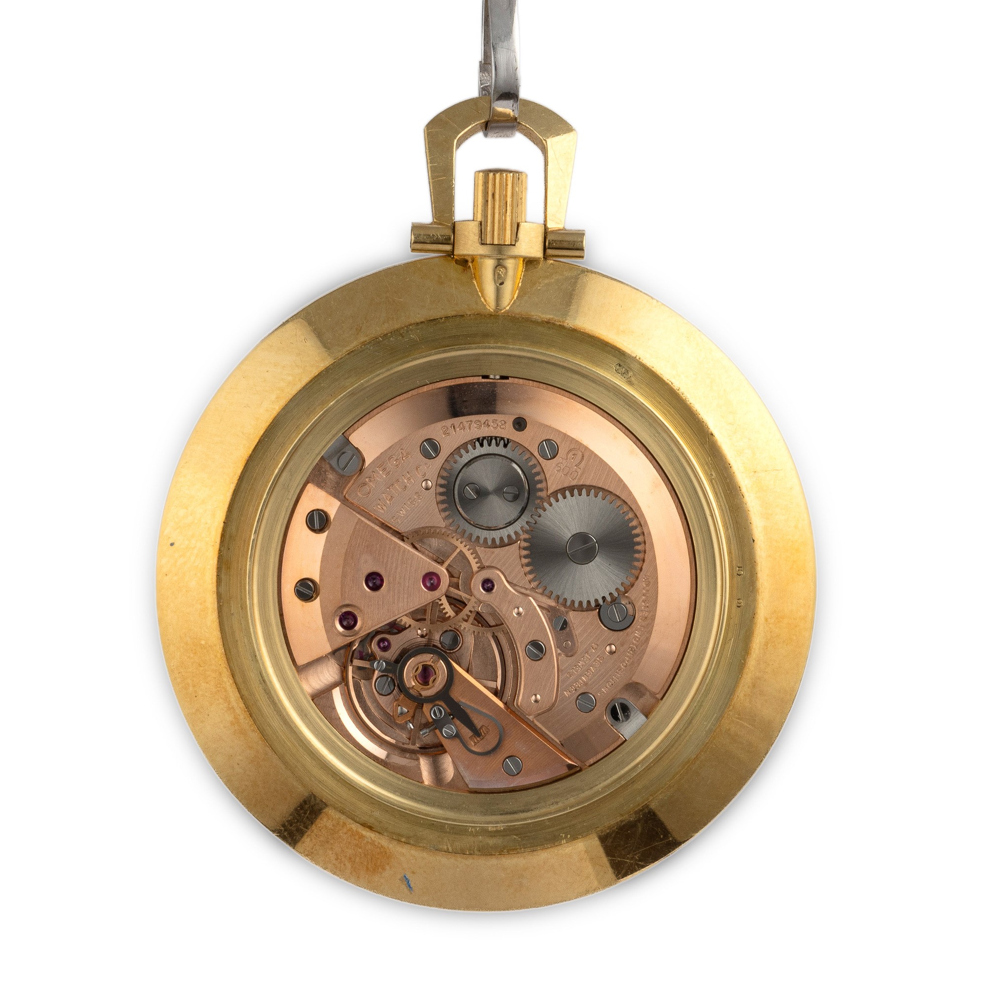 Omega - Orologio da tasca con catenella a nastro in oro giallo 18k e quadrante argenté satinato