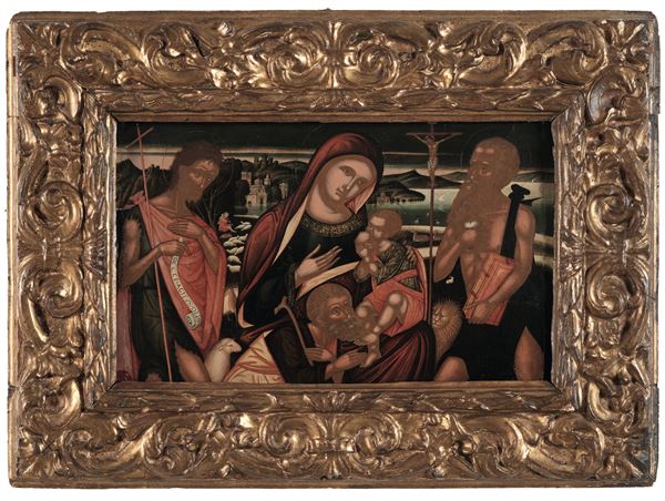 Scuola veneto-cretese del XVI-XVII secolo Sacra Famiglia con San Giovanni Battista e San Gerolamo