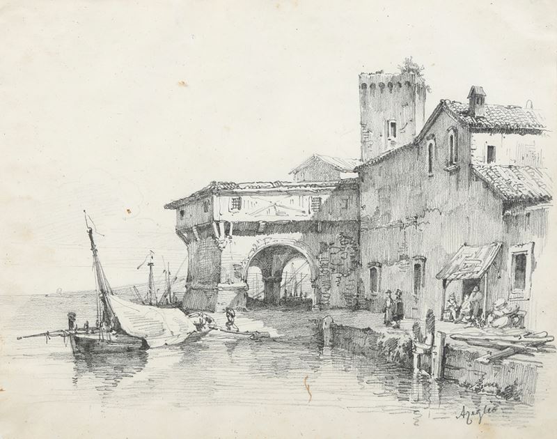 Massimo Taparelli D'Azeglio : Edifici su Laguna  - matita su carta - Asta Dipinti del XIX-XX Secolo - Cambi Casa d'Aste