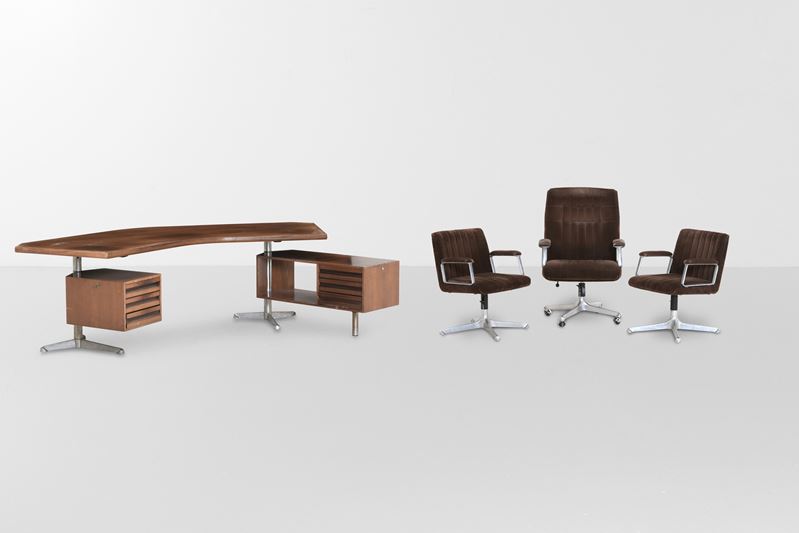 Osvaldo Borsani : Scrivania mod. T96 e tre poltrone mod. P125  - Auction Design Lab - Cambi Casa d'Aste