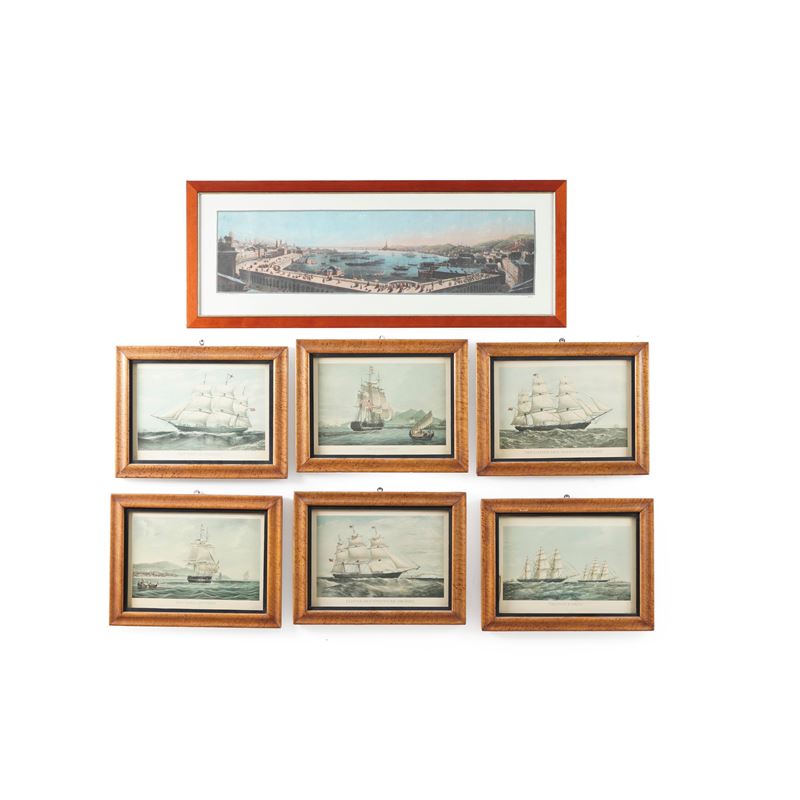 Sei stampe raffiguranti velieri e una del porto di Genova a colori  - Asta Antiquariato - Cambi Casa d'Aste
