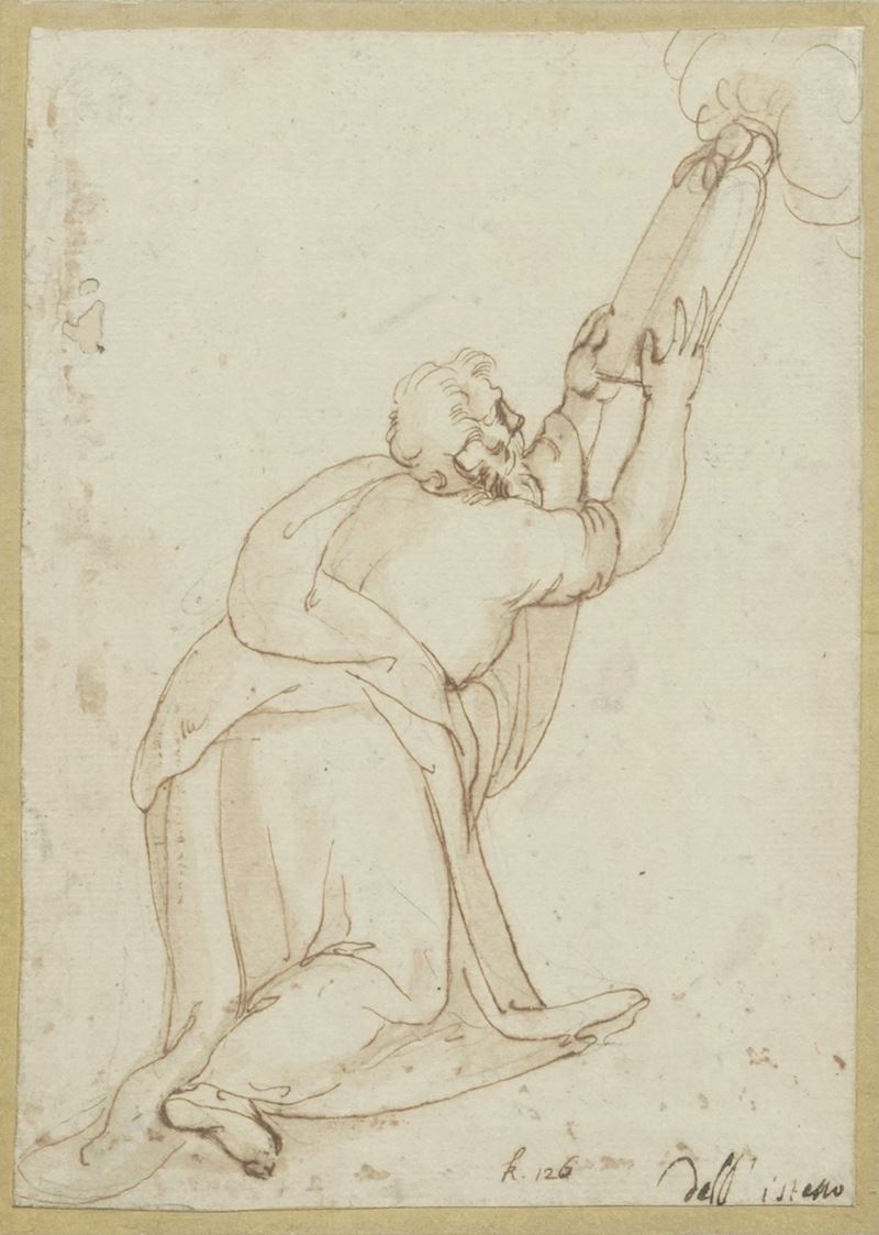 Scuola del XVI secolo Mosè riceve le tavole della legge  - penna, inchiostro bruno e acquerello su carta - Asta Dipinti Antichi - Cambi Casa d'Aste