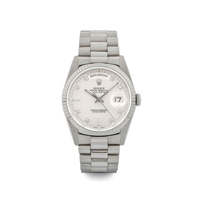 Day-date Ref 18239 in Oro Bianco 18k con Quadrante Argente e Diamanti, Circa 1991